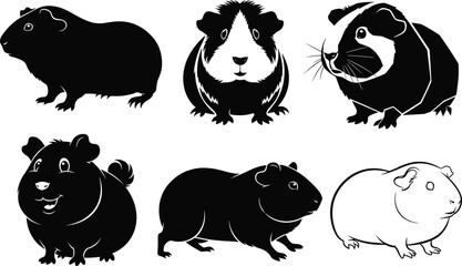 Flat vector guinea pig illustrations, pet animal silhouettes and cartoon designs, domestic rodent artwork collection template