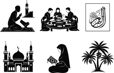 Islamic culture vector set, prayer and Quran reading, mosque architecture, family iftar, Arabic calligraphy, date palm, religious lifestyle illustration