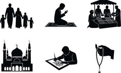 Islamic culture silhouette set, prayer and mosque illustration, family walking, market scene, calligraphy art, religious devotion, black vector design