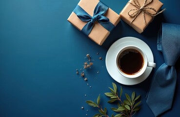 Gift boxes with ribbons with tie and coffee cup on blue background. Fathers day concept. Elegant gifts and hot drink composition for dad celebration event greeting card.