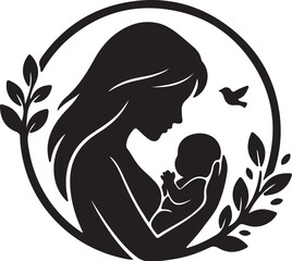 Silhouette of mother holding baby within a circular frame adorned with leaves and a bird child infant also transparent background