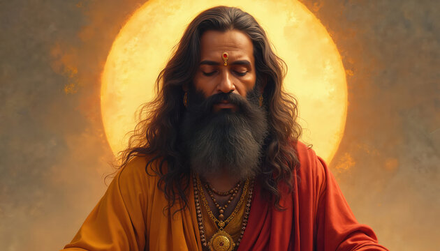 Guru Ravidas portrait in meditation pose. Guru wearing traditional clothing. Saint sits with closed eyes. Spiritual leader long hair. Background includes yellow circle. Portrait wisdom peace hope.