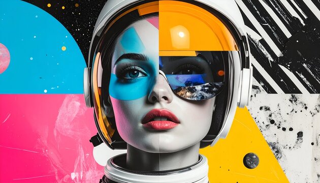 Futuristic portrait of a woman in a space helmet with vibrant abstract background showcasing cosmic elements - Powered by Adobe
