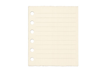 Blank lined paper sheet torn from a notepad, featuring punched holes and a transparent background