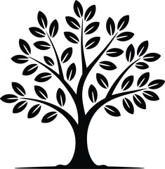 Black silhouette of a leafy tree isolated on white background