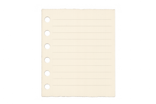 Blank lined paper sheet torn from a notepad, featuring punched holes and a transparent background - Powered by Adobe