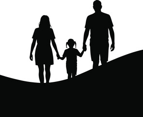 Family silhouette walking together isolated on white background