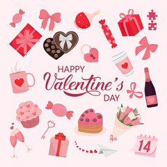 Valentine's day elements bouquet champagne bow heart cake muffin envelope sweets presents
