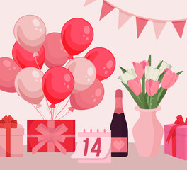 Valentine's day elements pink and white tulips bouquet balloons presents champagne
