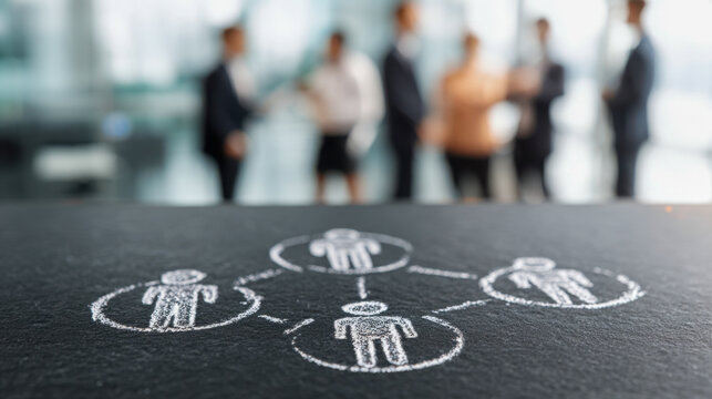 Chalk-drawn network of interconnected people on blackboard with blurred business team standing and discussing strategy in background of office space