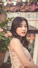 Fototapeta premium Young woman in floral dress poses gracefully among vibrant flowers in a charming outdoor setting