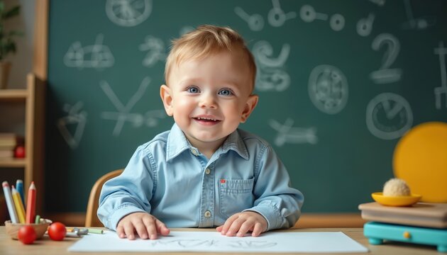 Charming baby boy with blonde hair, blue eyes smiles widely. Sits at school desk in bright classroom. Green chalkboard with early education drawings, numbers, shapes visible behind. Crayons, paper