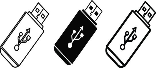 Three usb flash drives are displayed in a row, each with a slightly different design, isolated on white background one is an outline, one is solid black, and one is a thicker outline