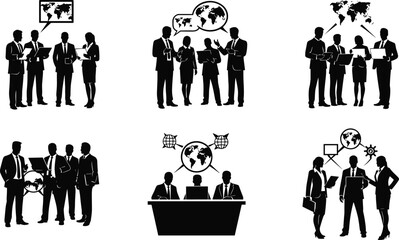 Global business, corporate teamwork, international strategy, office collaboration, financial planning, communication network, world map presentation, flat vector