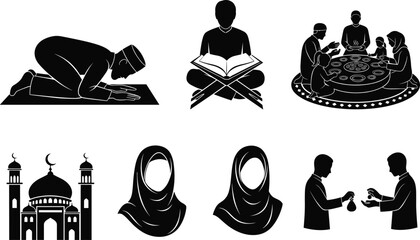 Islamic prayer, Quran reading, Ramadan iftar, mosque, hijab women, charity giving, Muslim culture, religious traditions, faith, spirituality, worship, unity
