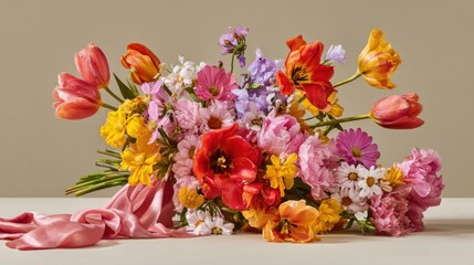 Obraz premium Vibrant Bouquet of Multicolored Spring Flowers Arranged Elegantly with Soft Pink Ribbon on a Neutral Background