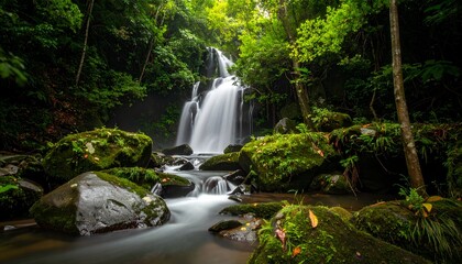 Serene waterfall cascading over moss-covered rocks in a lush green forest with vibrant foliage surrounding it