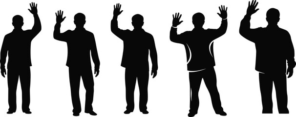 Silhouette of men waving, hand gesture illustration, black figure communication, standing posture, greeting signal, body language concept, isolated design
