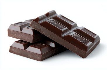 Close up of dark chocolate bars stacked on white background showing rich texture and glossy surface
