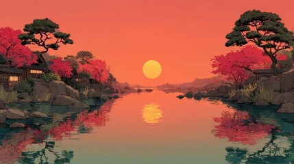 Chinese landscape red sun mangrove landscape map