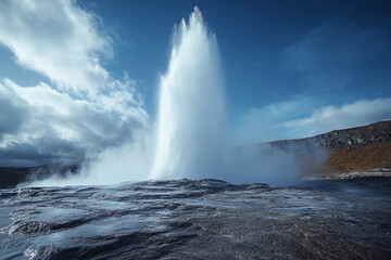 A powerful geyser shooting water against strong mountain winds