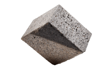 Single concrete cinder block with chamfered edges, rough aggregate texture, and small chipped corner in cool gray tone, isolated on transparent background
