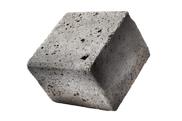 Single concrete cinder block with chamfered edges, rough aggregate texture, and small chipped corner in cool gray tone, isolated on transparent background
