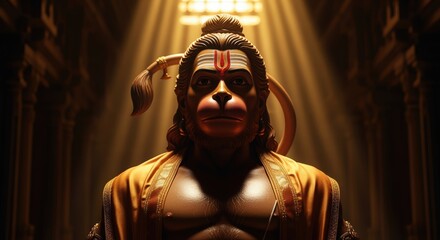 Lord hanuman, the devoted hindu deity, depicted with intense gaze and divine aura in a temple setting