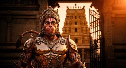 Lord hanuman, a hindu deity, depicted in ornate golden armor with a temple in the background at sunset