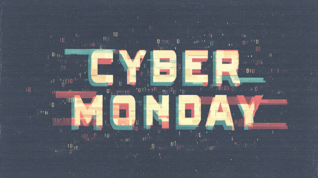 distorted title CYBERMONDAY with pixel glitches and floating code on a dark screen