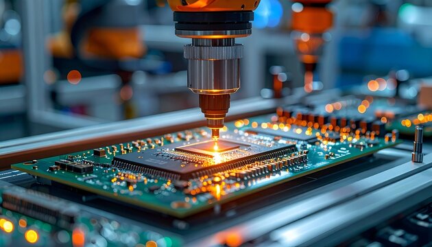 Precision robotic arm soldering components on a circuit board in a high-tech manufacturing facility