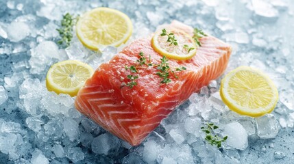 Fresh Salmon Fillet on Ice with Lemon Slices and Herbs Perfect for Culinary Preparation and Seafood Dishes