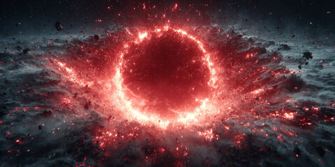 Dramatic visual representations of black holes or eclipses with glowing energy rings