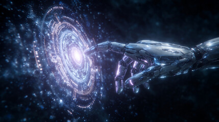 Fototapeta premium metallic robotic hand activating a glowing network hub with holographic production data streaming from fingers