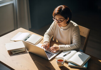 眼鏡をかけたシニア女性が、日当たりの良いテーブルでノートパソコンを快適に使用している様子。生涯学習。アジア人、日本人