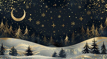 Winter night scene with crescent moon snow covered hills and pine trees
