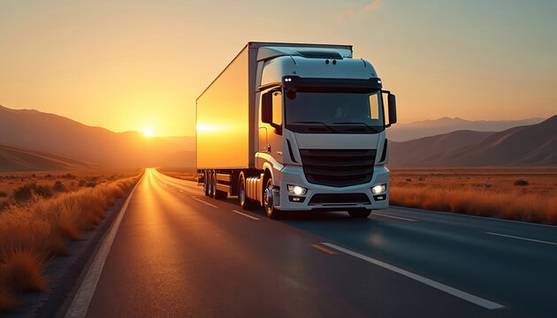 White transport truck drives on empty asphalt road. Golden sunset light reflects on the trailer. Rolling hills in distance provide scenic backdrop for long journey.