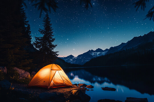 camper tent pitched beside serene alpine lake under starlit sky - Powered by Adobe