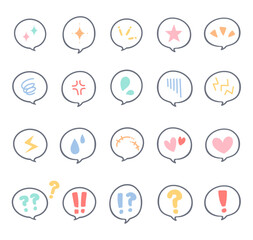 かわいい手描きの漫符吹き出しセット　感情表現やリアクションに使えるパステルカラーのアイコン素材（背景透過）