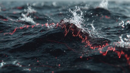 Abstract representation of ocean waves with dynamic water surface and graphical elements suggesting data visualization and analysis