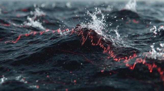 Abstract representation of ocean waves with dynamic water surface and graphical elements suggesting data visualization and analysis