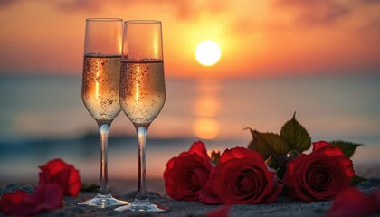 Two champagne glasses on beach with red roses at sunset. Romantic date setting at ocean shore. Celebration with bubbly drink at evening. Love concept.