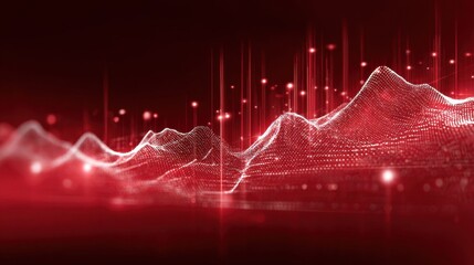 Abstract Red Data Visualization with Wave Patterns and Glowing Dots for Background and Graphic Design Use