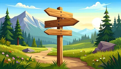 Scenic landscape with wooden signpost directing paths through vibrant meadows and mountains at sunrise