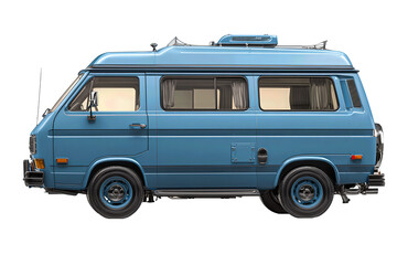 Steel blue camper van with matte black trim, side windows, and roof vent details, smooth reflective finish and compact design, isolated on transparent background
