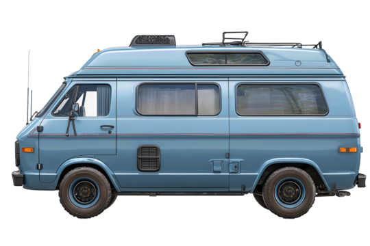 Steel blue camper van with matte black trim, side windows, and roof vent details, smooth reflective finish and compact design, isolated on transparent background
