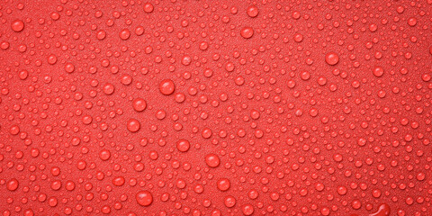 Water drops on a red background. Textured surface for design or text. Top view. Free space.