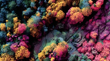 Aerial view of a vibrant forest filled with colorful trees in pink, orange, yellow, and blue tones, creating an abstract natural landscape symbolizing diversity, creativity, and digital art expression