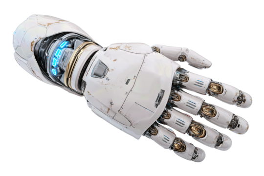 Advanced robotic hand design featuring brushed-metal joints, subtle wear, and blue status lights across a white matte surface, isolated on transparent background
