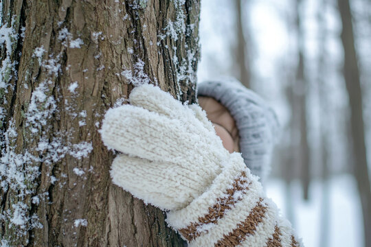 child mitten-covered hands reaching up to touch snowy tree trunk - Powered by Adobe
